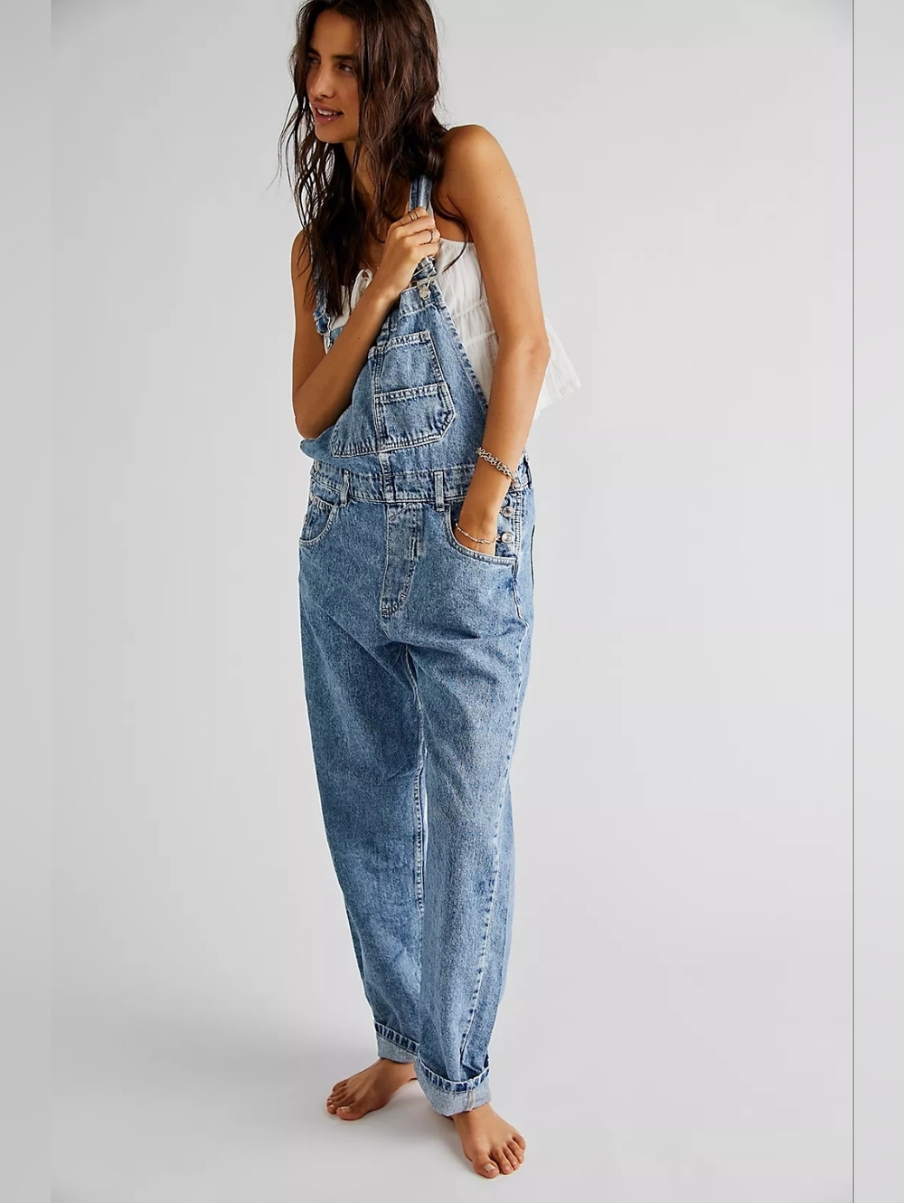 Free People We The Free Ziggy Distressed Ripped Knees Denim Overalls- M - Picture 3 of 16